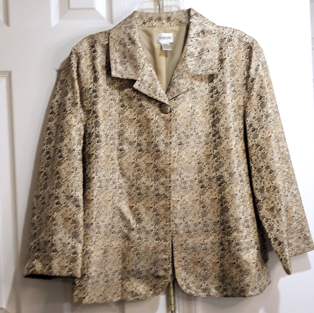 Chico's Beige Floral Metallic Blazer Lined With One Button Size 3 (XL)